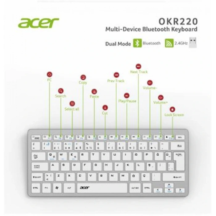 Acer Okr220 Beyaz Multidevice Dual Mode 2.4ghz Bluetooth Klavye (smart Tv)(android)