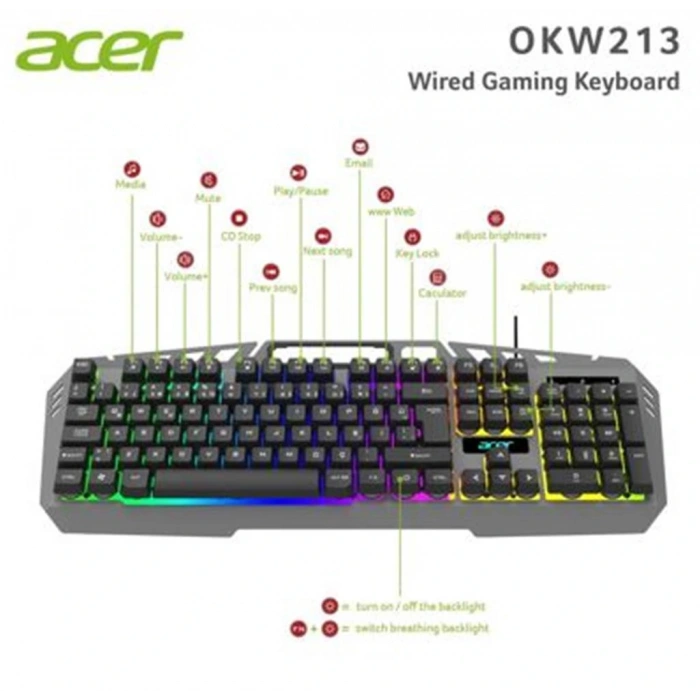 Acer Okw213 Gri Rgb Rainbow Backlit Gaming Keyboard Rainbow (kablo Uzunluğu 1,5mt)