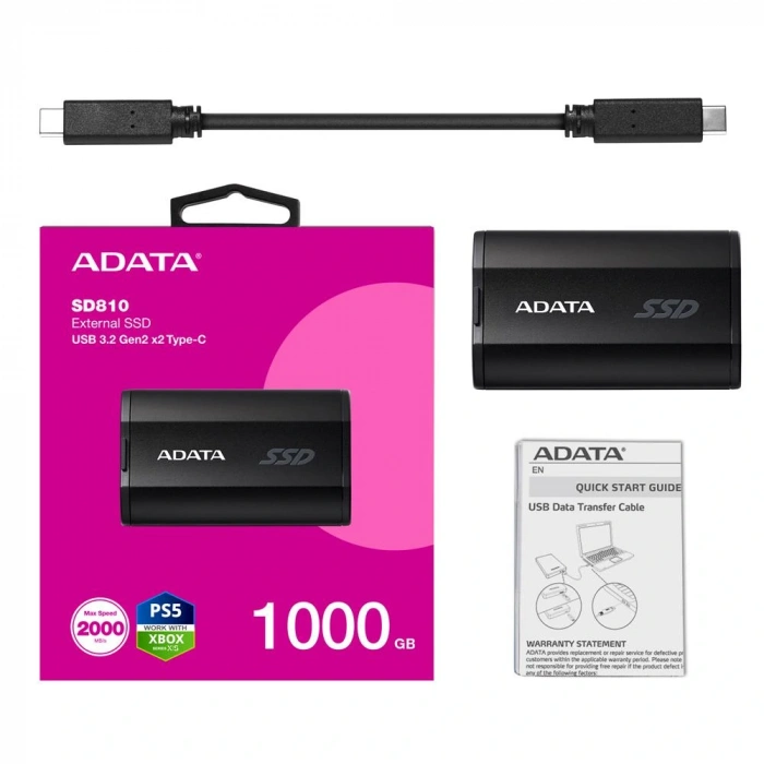 Adata 1000gb Sd810 Siyah Taşınabilir Usb 3.2 Gen2  X2 Type-c Ssd Harici Disk