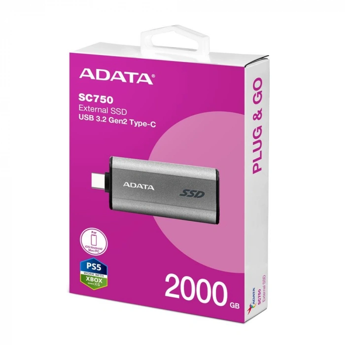 Adata 2000gb Sc750 Taşınabilir Usb 3.2 Gen2 Type-c Ssd Harici Disk