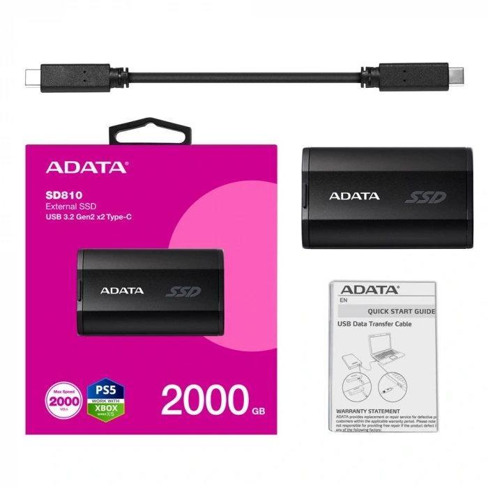 Adata 2000gb Sd810 Siyah Taşınabilir Usb 3.2 Gen2  X2 Type-c Ssd Harici Disk