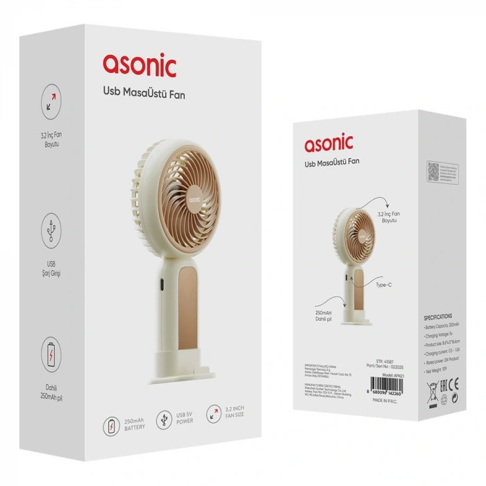 Asonic Afn21 Krem 250mah Dahili Pil Elde Taşınabilir Masaüstü Usb Fan Şarjlı Type-c Şarj