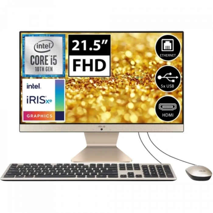 ASUS V222FAK-BA025M, i5-10210U, 21,5"  FHD Ekran, 8Gb DDR4 Ram, 256Gb SSD, Wi-Fi 5, Type-A, Paylaşımlı Ekran Kartı, Free Dos, All In One PC, (Gold/Siyah)
