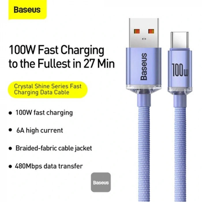 Baseus CAJY000405 1.2mt Crystal Cable USB-A to Type-C Fast Charge Data Cable 100W 5A1.2M-Purple