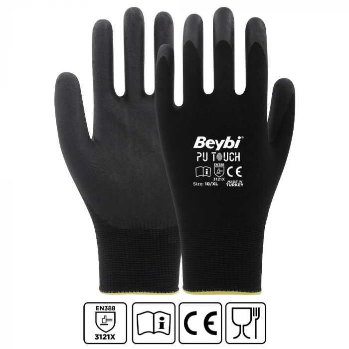 Beybi 7 Beden 12li Paket  Poliüretan Kaplı Pu Touch Siyah Montaj Eldiven  En388 (3121x)