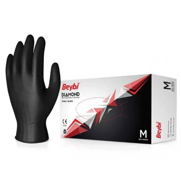 Beybi Diamond M Beden Pudrasız Kalın Siyah Nitril Eldiven Medium (Kutuda 100 Adet)
