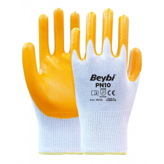 Beybi Nitril PMK PN10 9 Beden 12li Paket Polyester Örme Nitril Eldiven (4141A) Nitril 1-2 Kaplama