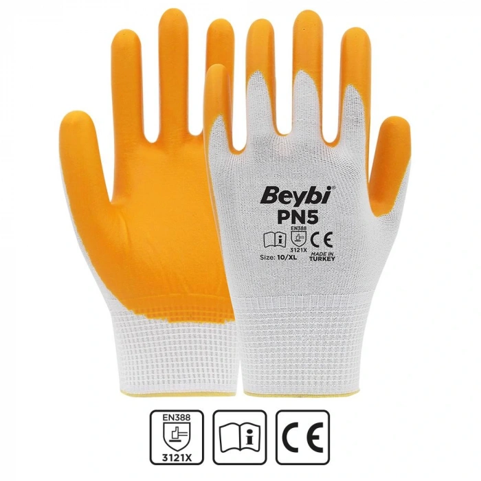 Beybi Nitril Pmk Pn5 Beyaz Sarı Örme Polyoster Nitril  9 Beden 12li Paket En388 (3121x)