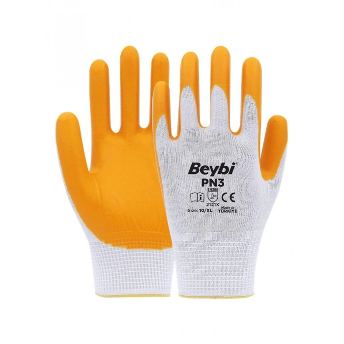 Beybi Pn3 Beyaz Sarı 10 Beden Polyester Örme Nitril Eldiven 12li Paket En388 (2121x)