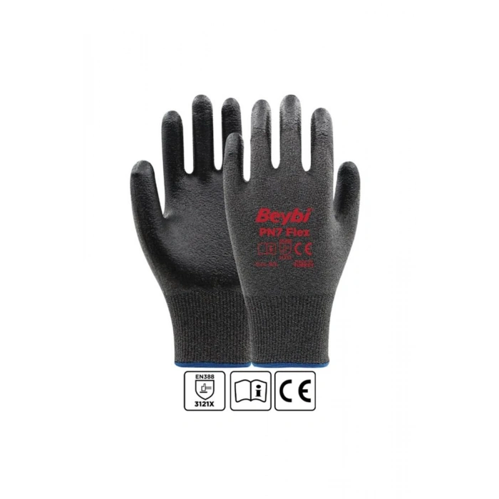 Beybi Pn7 Flex 10 Beden Nitril Kaplı Naylon Örme Eldiven 12li Paket Gri-siyah En388 (3121x)