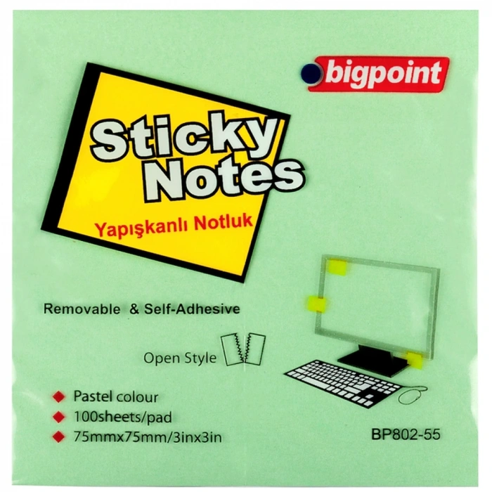 Bigpoint Yapışkanlı Not Kağıdı 75x75 Yeşil Bp802-55
