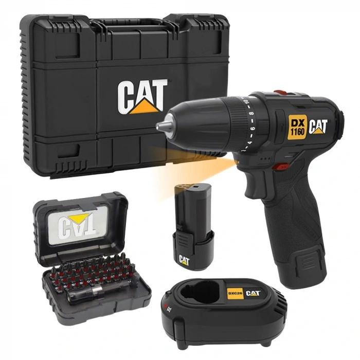 Cat Dx1160 12volt/2.0ah Li-ion Çift Akülü Kömürsüz Profesyonel Şarjlı Darbeli Matkap + Da01901 32 Parça Aksesuar Seti