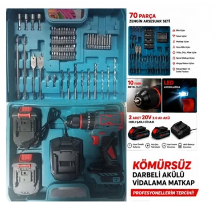 Catpower 1050 Kömürsüz Darbeli Şarjlı Matkap Vidalama 20v 2.0ah 55 Nm Brushless Çift Akülü 70 Parça