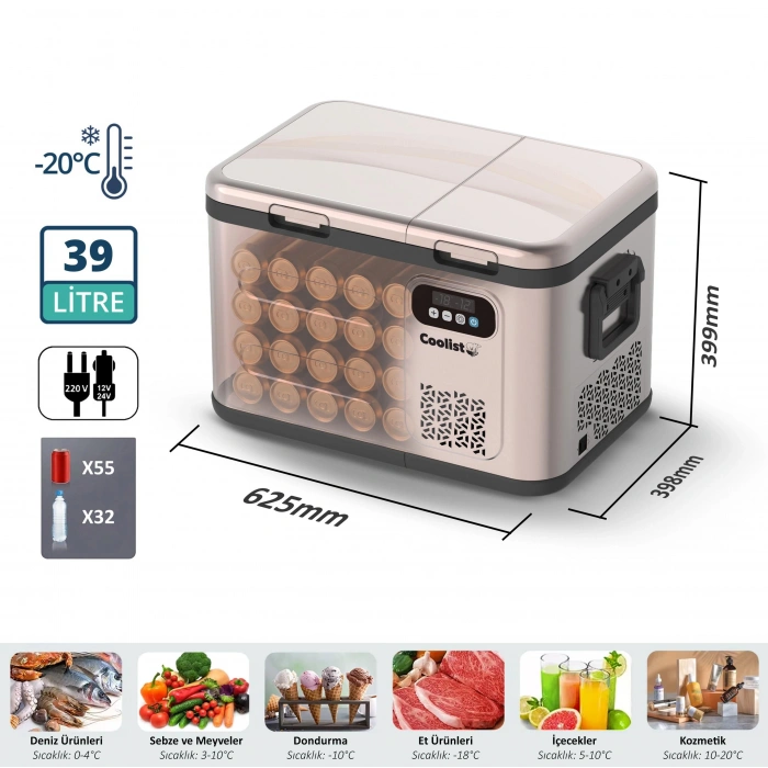Coolist Clk40d 12/24v/220volt 39 Litre Çift Bölmeli Outdoor Kompresörlü Bluetooth Bağlantılı Oto Buzdolabı