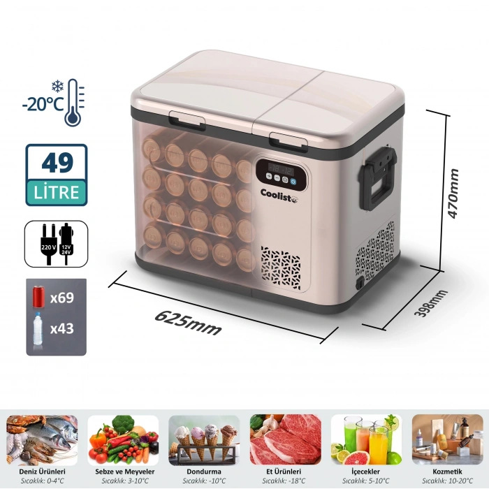 Coolist Clk50d 12/24v/220volt 49 Litre Çift Bölmeli Outdoor Kompresörlü Bluetooth Bağlantılı Oto Buzdolabı