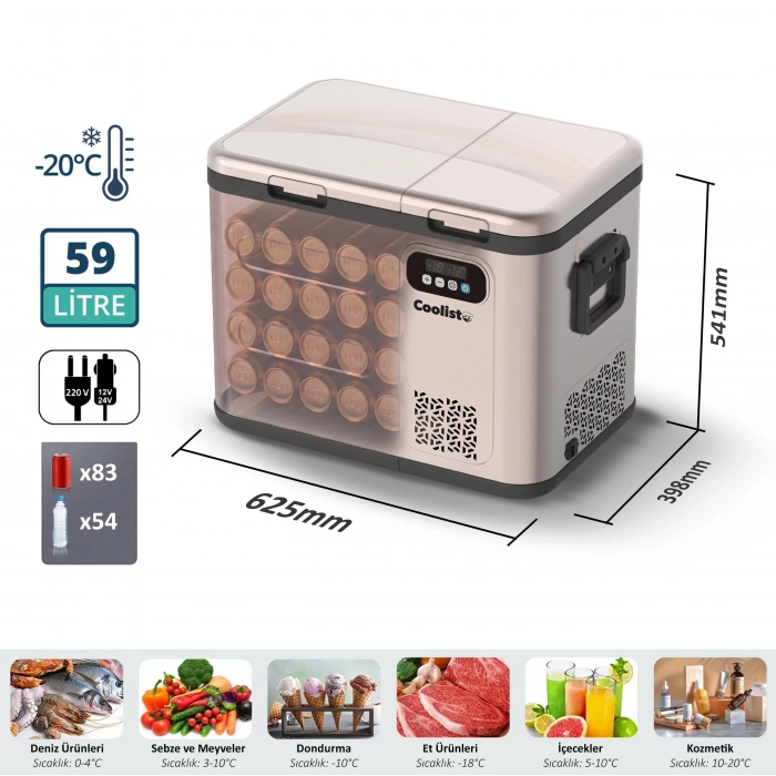Coolist Clk60d 12/24v/220volt 59 Litre Çift Bölmeli Outdoor Kompresörlü Bluetooth Bağlantılı Oto Buzdolabı