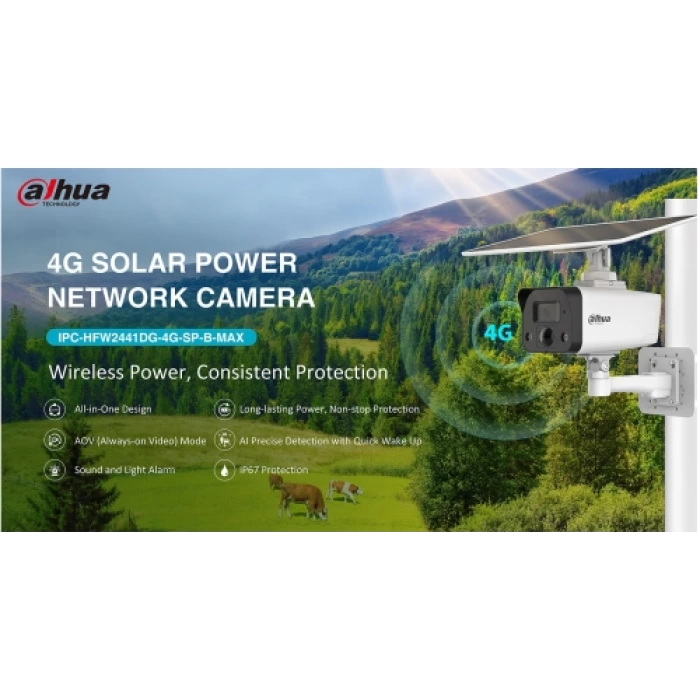DAHUA IPC-HFW2441DG-4G-SP-B-MAX  4Mpix, 3,6mm   Lens, H265+, 30Mt Gece Görüşü, Dahili Mikrofon, IP67,  Solar(Güneş Enerjili) IP Kamera