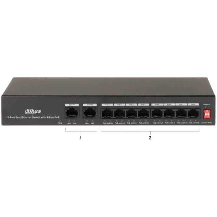 DAHUA PFS3010-8ET-65, 8 Port, MegaBit, PoE 65W, 2 Port Uplink, Yönetilemez, Masaüstü Switch