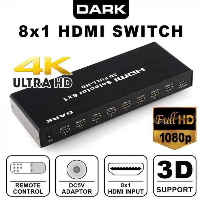 Dark Dk-hd-sw8x1 Full Hd 8 Giriş 1 Çıkışlı Uzaktan Kumandalı Hdmı Switch (seçici)