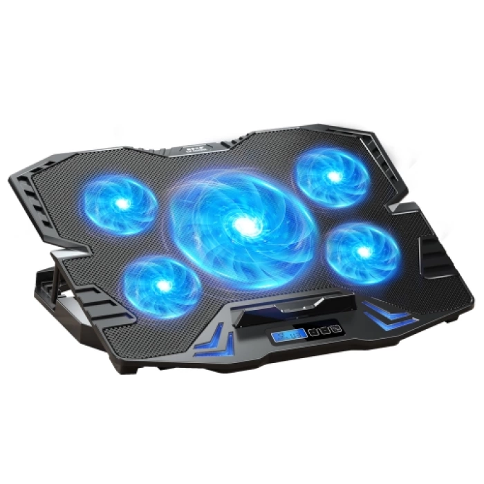 DEXIM DNA003, 5ad Fan, 10"-17" Notebook Soğutucu, 5 Kademeli Stand, 5 Farklı Program, Ayarlanabilir Hız, Mavi Ledli (Siyah)
