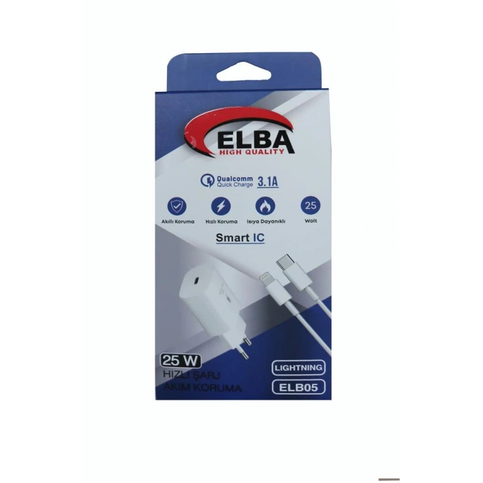 Elba Elb05-pd-25wıos Beyaz 25w Usb-c Ev Şarj Kafa+1mt Type-c To Lightnıng Kablo Pd3.0-Qc4.0 Hızlı Ş