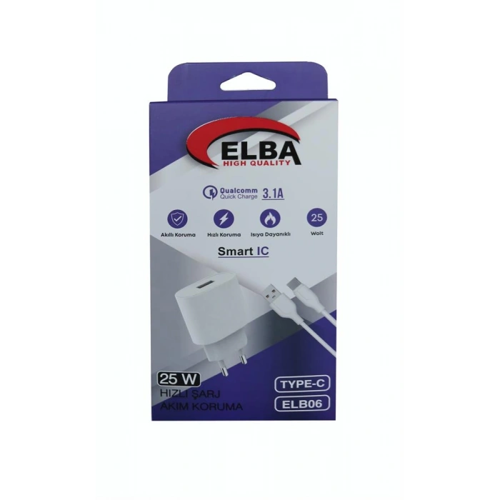 Elba Elb06-usb-25wtypc  Beyaz Usb 25w Şarj Kafa+1mt Usb Type-c Kablo Qc4.0 (akım Koruma-hızlı Şarj)