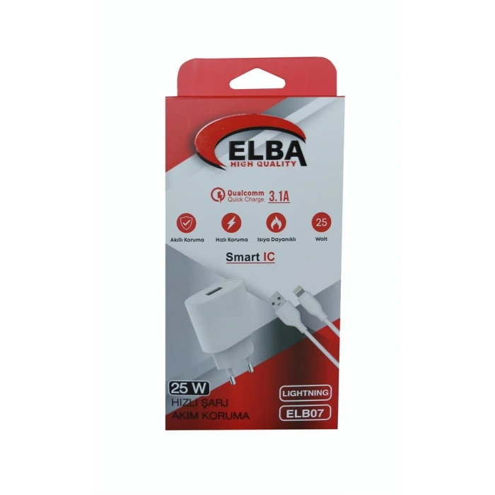 Elba Elb07-usb-25wıos Beyaz 25w Usb Ev Şarj Kafa+ Usb 1mt Lightning Kablo Qc4.0 Hızlı Şarj