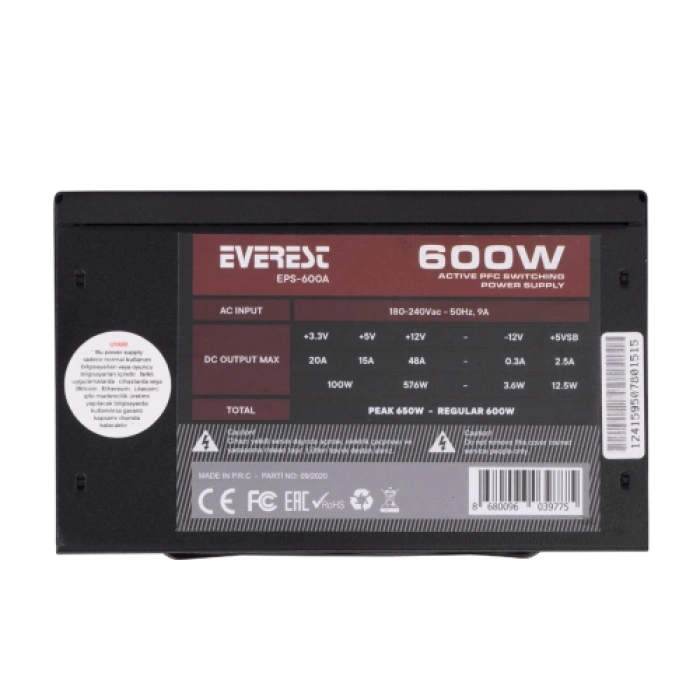 EVEREST EPS-600A, Peak 600W, 12cm Fan, ATX, Aktif PFC, GAMING Power Supply (PSU)