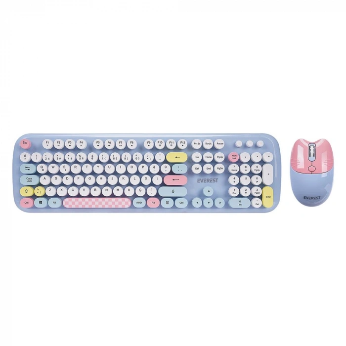 Everest Km-6284 Whısker Renkli Tuşlu Mavi Kablosuz Q Klavye + Mouse Set