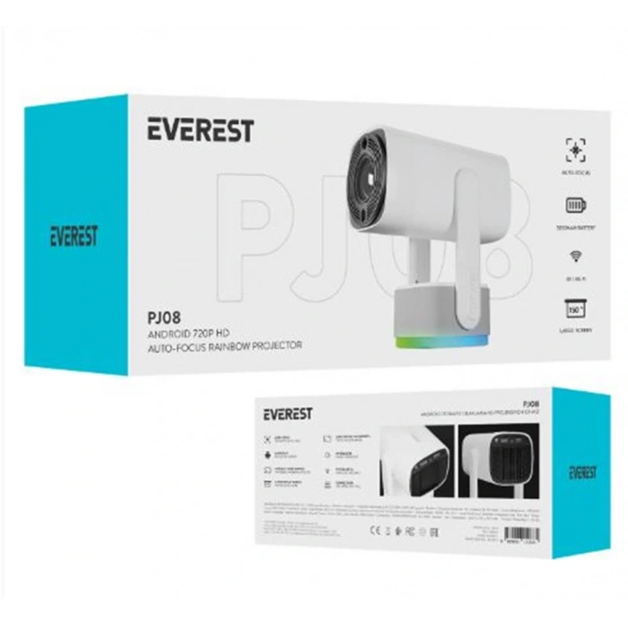 Everest Pj08 Beyaz 5200mah Otomatik 720p Hd 4k Destekli 5200 Lümen Android 11 Ekran Hd Proje