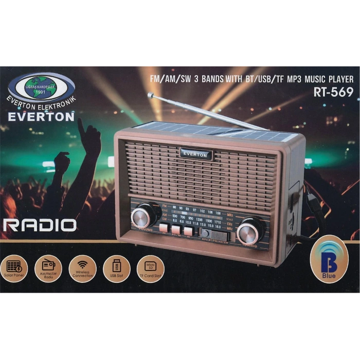 Everton Rt-569  Bluetooth Fm-usb-tf-aux Güneş Enerjili Şarjlı Nostaljik Radyo