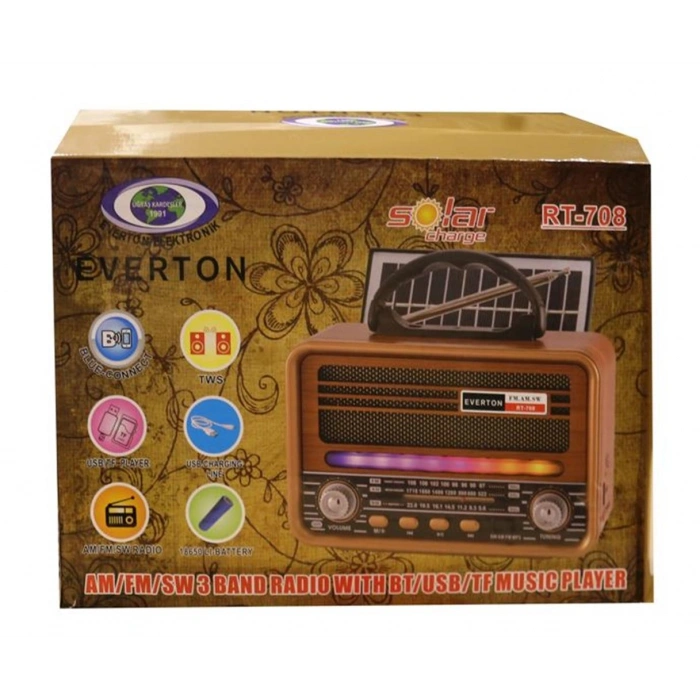 Everton Rt-708  Bluetooth Fm-usb-tf-aux Solarlı  Şarjlı Nostaljik Radyo