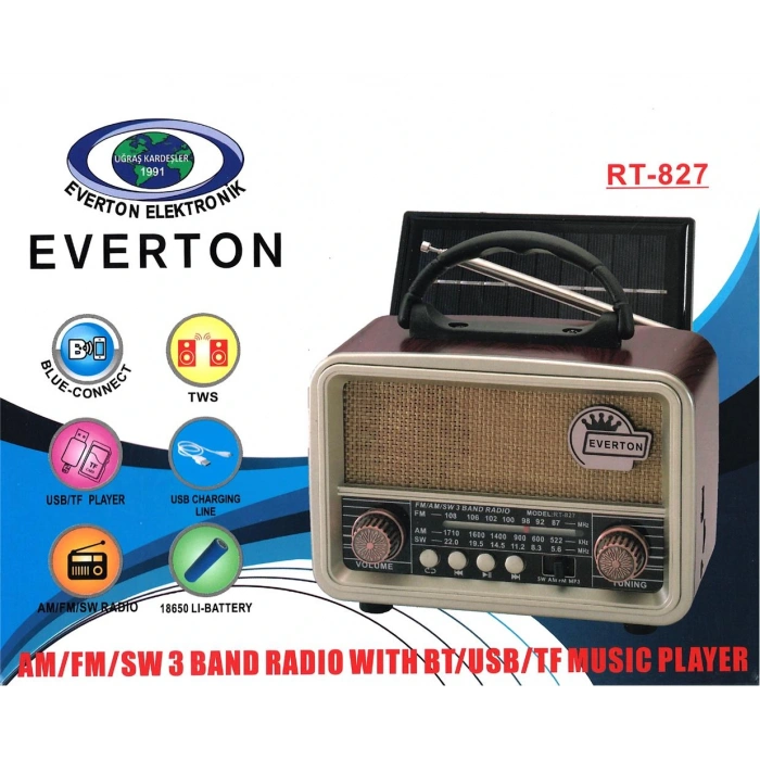 Everton Rt-827 Bluetooth-usb-sd-fm Şarjlı Nostaljik Radyo (solar Güneş Panelli)