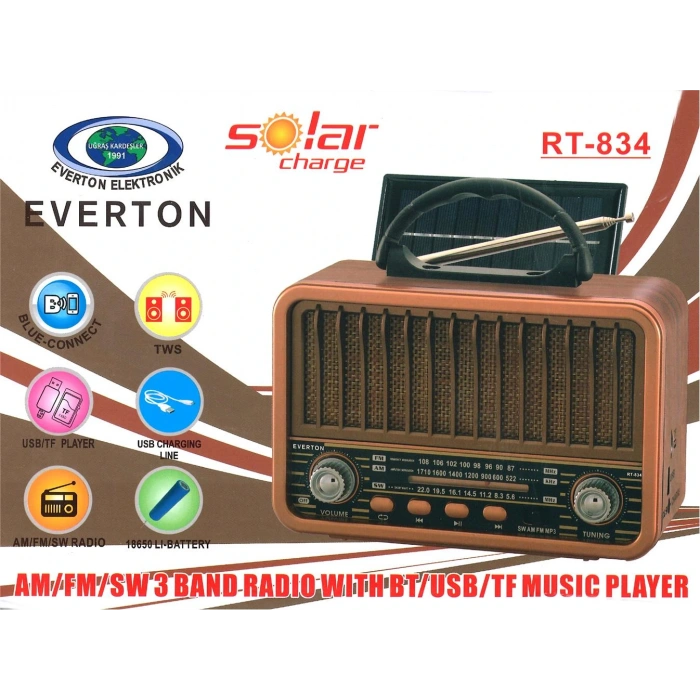 Everton Rt-834 Bluetooth Radyo-tf Card-usb-kumandalı Nostaljik Radyo Solar Güneş Panelli