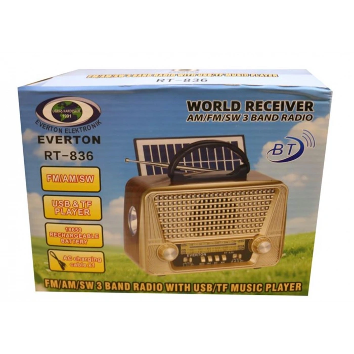 Everton Rt-836  Bluetooth Fm-usb-tf-aux Solarlı Şarjlı Nostaljik Radyo