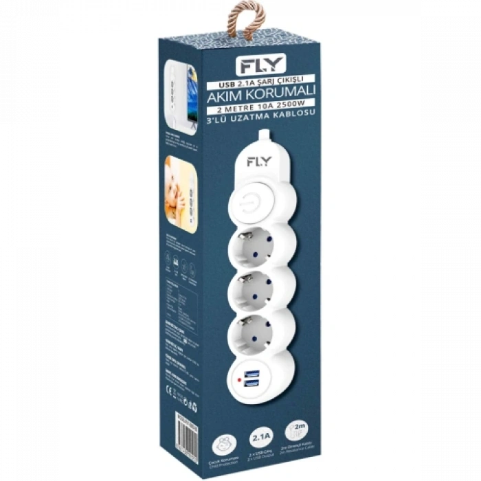 Fly 3393-01, 3 Soket, 2 Usb, Akım Korumalı Priz, 2.1a, Anahtarlı, 2mt Kablo, (beyaz)