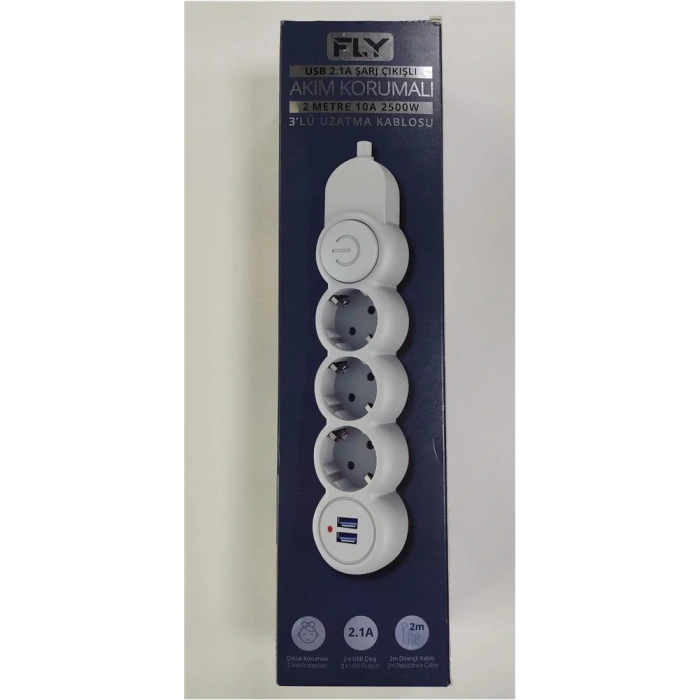 Fly 3393-01 3lü 2mt 2.1a Anahtarlı 2usb Şarj Çıkışlı Akım Korumalı 2500w