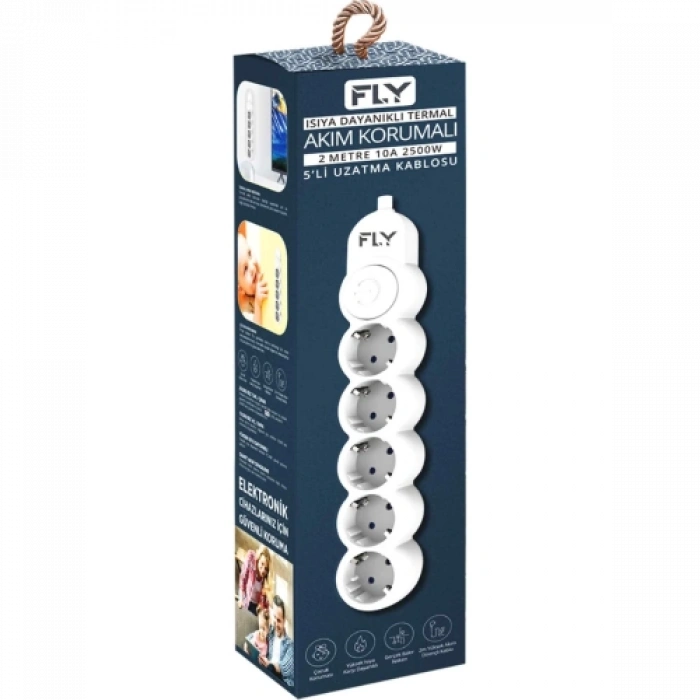 Fly 3394-01, 5 Soket, Akım Korumalı Priz, 2.1a, Anahtarlı, 2mt Kablo, (beyaz)