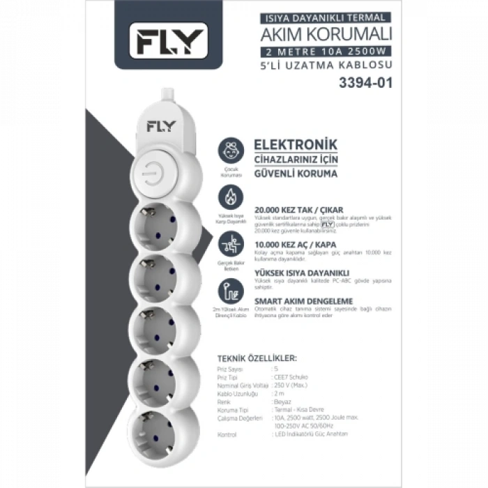 Fly 3394-01, 5 Soket, Akım Korumalı Priz, 2.1a, Anahtarlı, 2mt Kablo, (beyaz)