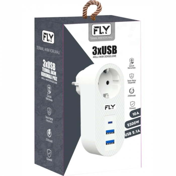 Fly 3400-01, 1 Soket, 2 Usb, 1 Type-c, Akım Korumalı Priz, 2.1a, (beyaz)