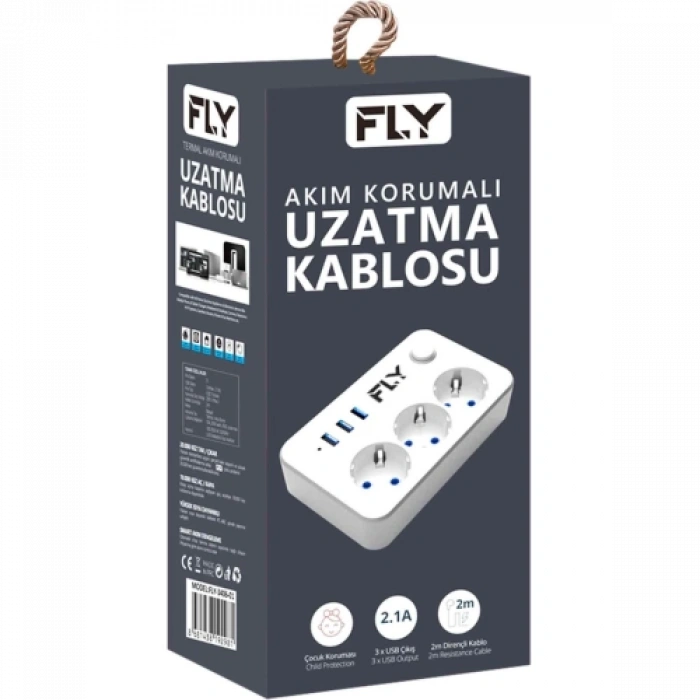 Fly 3406-01, 3 Soket, 3 Usb, Akım Korumalı Priz, 2.1a, Anahtarlı, 2mt Kablo, (beyaz)