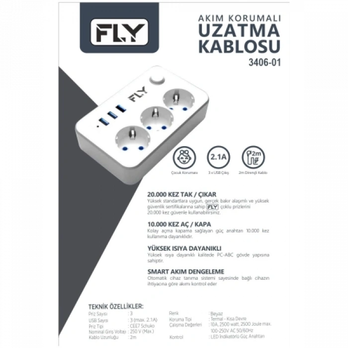 Fly 3406-01, 3 Soket, 3 Usb, Akım Korumalı Priz, 2.1a, Anahtarlı, 2mt Kablo, (beyaz)