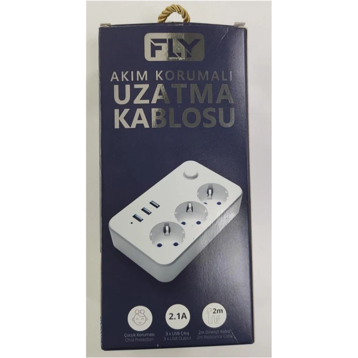 Fly 3406-01 3lü Anahtarlı 2.1a 3usb Şarj Çıkışı 2mt Anahtarlı  Akım Korumalı Priz Çocuk Koruması