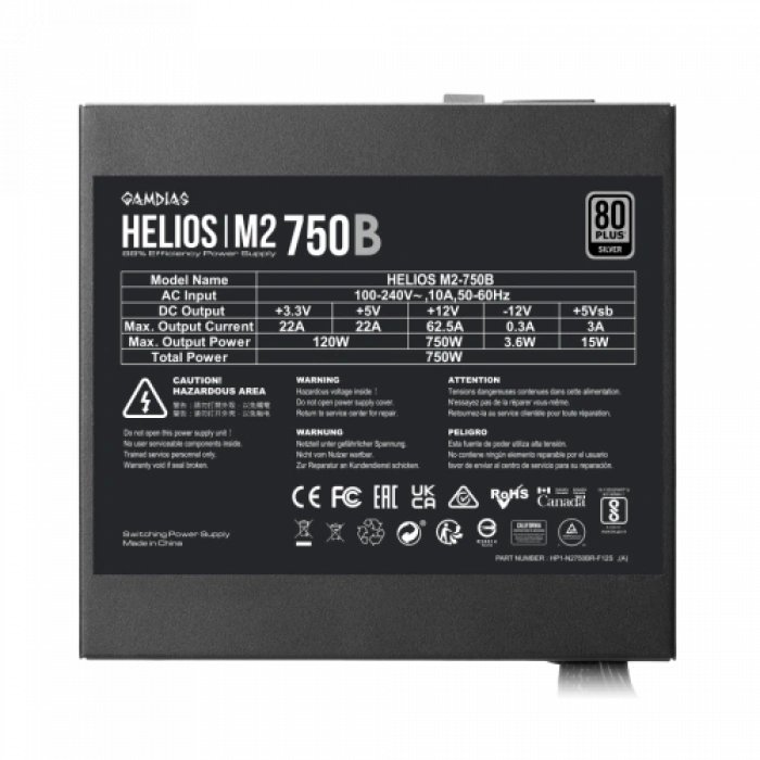 GAMDIAS HELIOS M2-750B, 750W, 80+ Silver, Aktif PFC, GAMING, ATX, Power Supply (PSU)