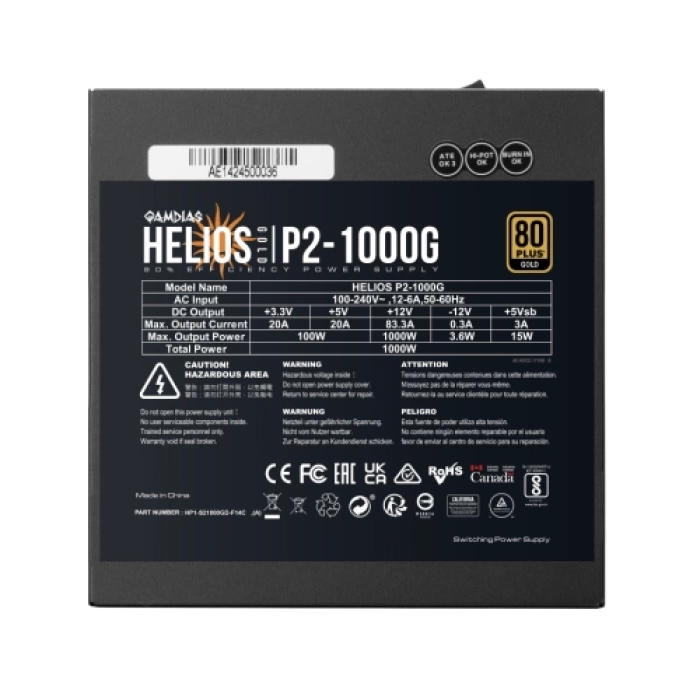 GAMDIAS HELIOS P2-1000G, 1000W, 80+ Gold, Full Modüler, Aktif PFC, GAMING, ATX, Power Supply (PSU)