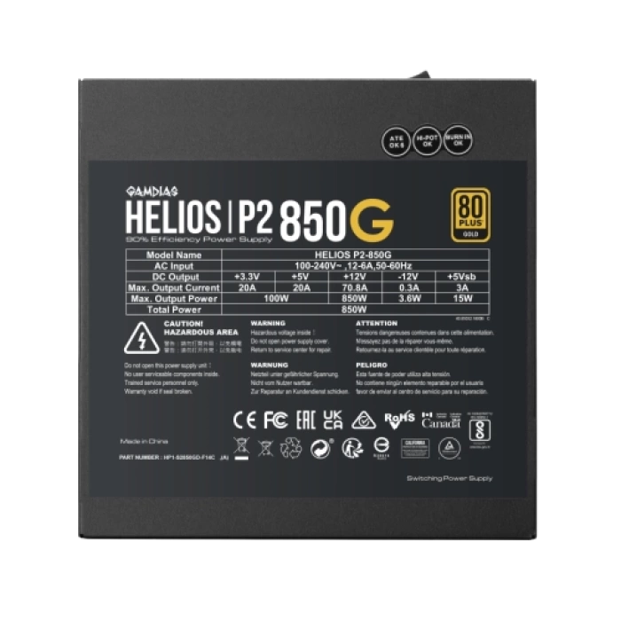 GAMDIAS HELIOS P2-850G, 850W, 80+ Gold, Full Modüler, Aktif PFC, GAMING, ATX, Power Supply (PSU)