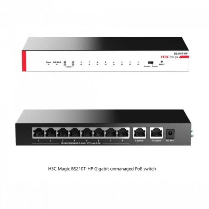H3c Magic Bs210t-hp, 10 Port, Gigabit, 8 Port Poe, 110w, +2 Port Gigabit Uplink, Metal Kasa, Yönetilemez, Masaüstü Switch
