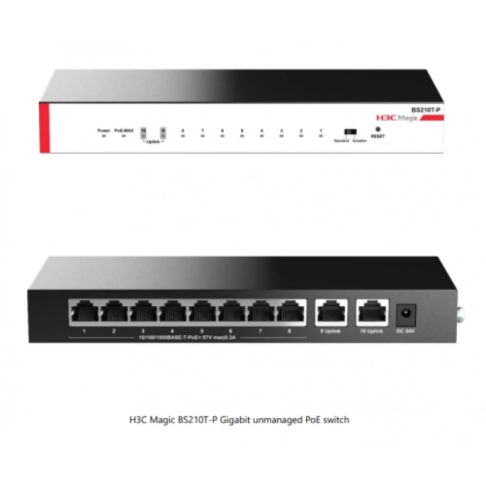 H3C Magic BS210T-P, 10 Port, GigaBit, 8 Port PoE, 57W, +2 Port GigaBit Uplink, Metal Kasa, Yönetilemez, Masaüstü Switch