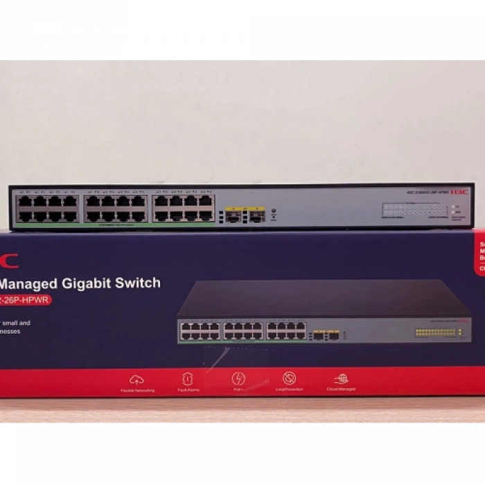 H3C S1600V2-26P-HPWR, 24 Port, GigaBit, PoE 370W, L2, 2 Port GigaBit SFP, Web Yönetilebilir, Masaüstü Switch