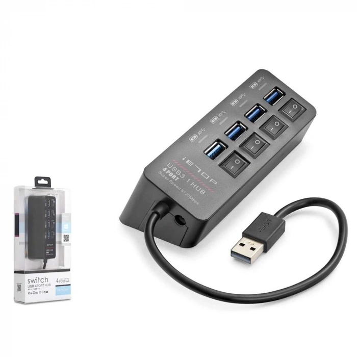 Hadron Hdx7056 İetop Usb Hub 5gbps 1x Usb 3.1 + 3x Usb 2.0 Switchli 4 Port Çoklayıcı Siyah